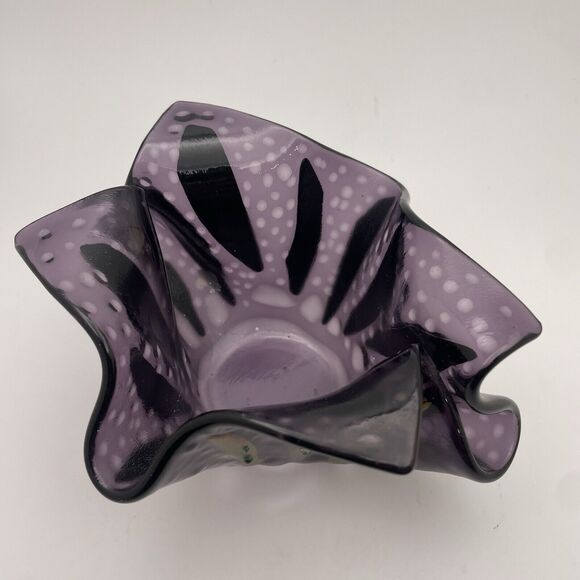 Art Glass Iridescent Dichroic Purple Folded HANDKERCHIEF Vase Bowl Studio Beaded - Picture 3 of 12